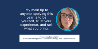 Quote card: 'My main tip to anyone applying this year is to be yourself, trust your experience, and sell what you bring.'
