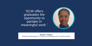 Quote card: 'SCW offers graduates the opportunity to partake in meaningful work.'