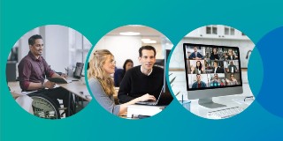 Graphic including three workplace images