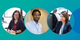 Graphic with three images of SCW staff members